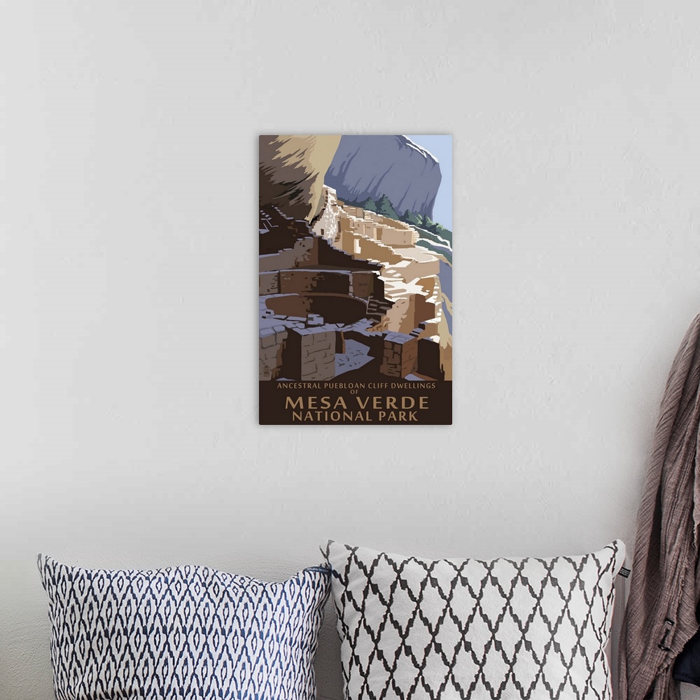 A bohemian room featuring Retro stylized art poster of old stone ruins in a rocky and rugged state park.