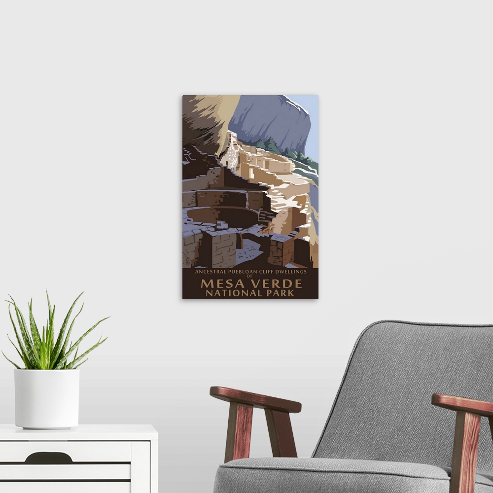 A modern room featuring Retro stylized art poster of old stone ruins in a rocky and rugged state park.