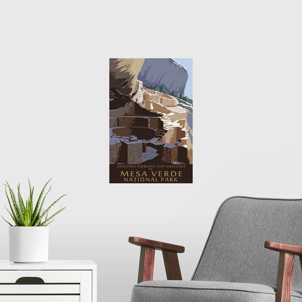 A modern room featuring Retro stylized art poster of old stone ruins in a rocky and rugged state park.