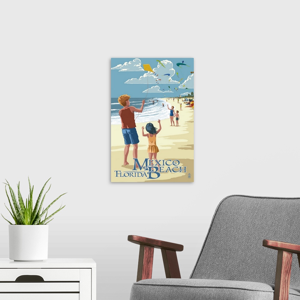 A modern room featuring Retro stylized art poster of a man and girl flying a kite on the beach with text underneath sayin...
