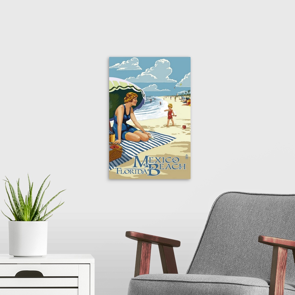 A modern room featuring Retro stylized art poster of a woman sitting on a beach towel under an umbrella with text underne...