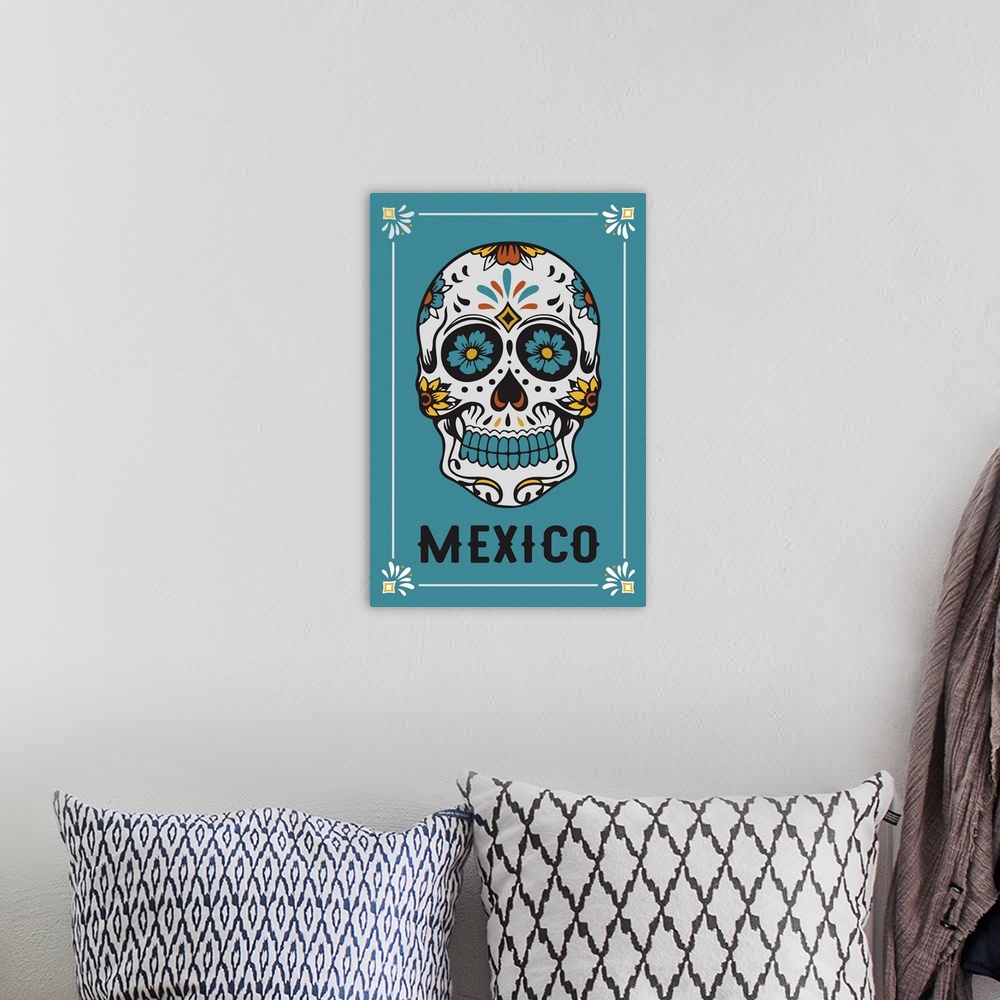 A bohemian room featuring Mexico - Sugar Skull & Flower Pattern - White & Blue