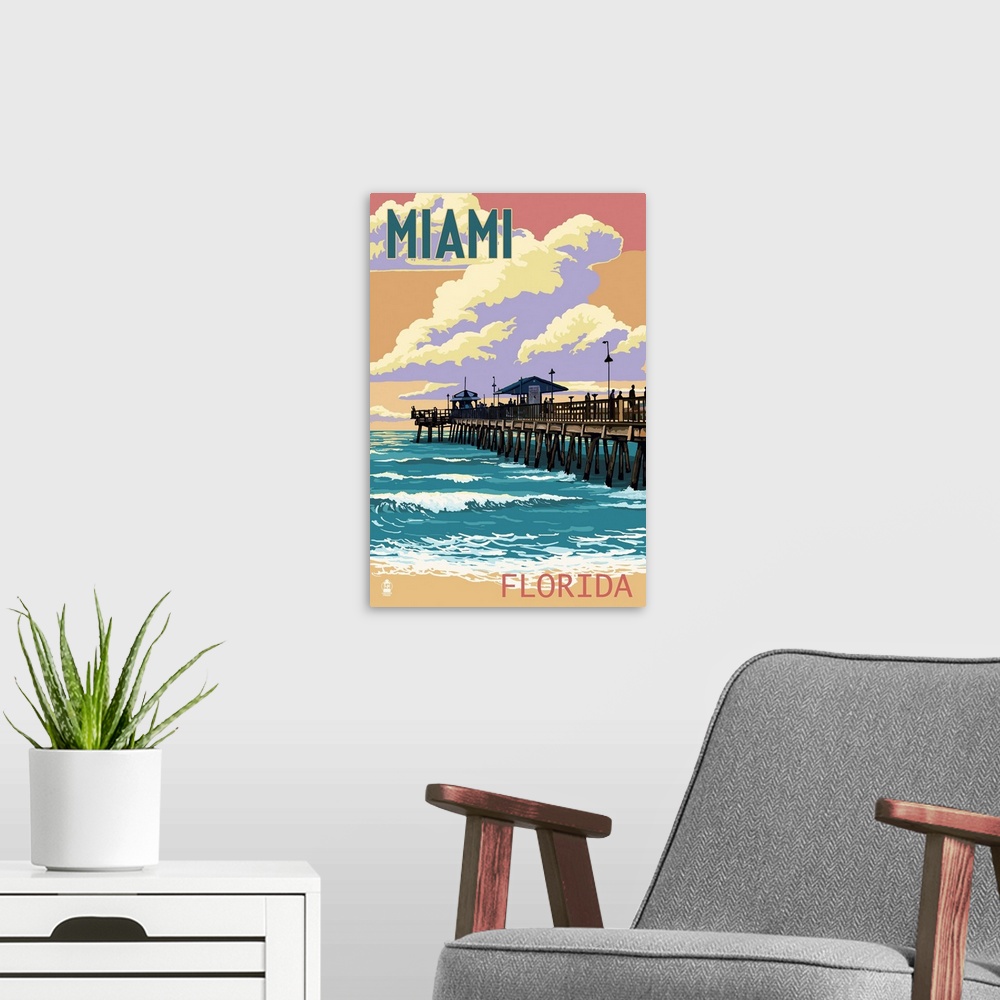 A modern room featuring Miami, Florida - Fishing Pier and Sunset: Retro Travel Poster