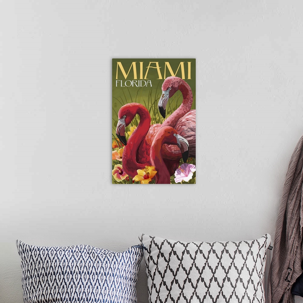 A bohemian room featuring Miami, Florida - Flamingos: Retro Travel Poster