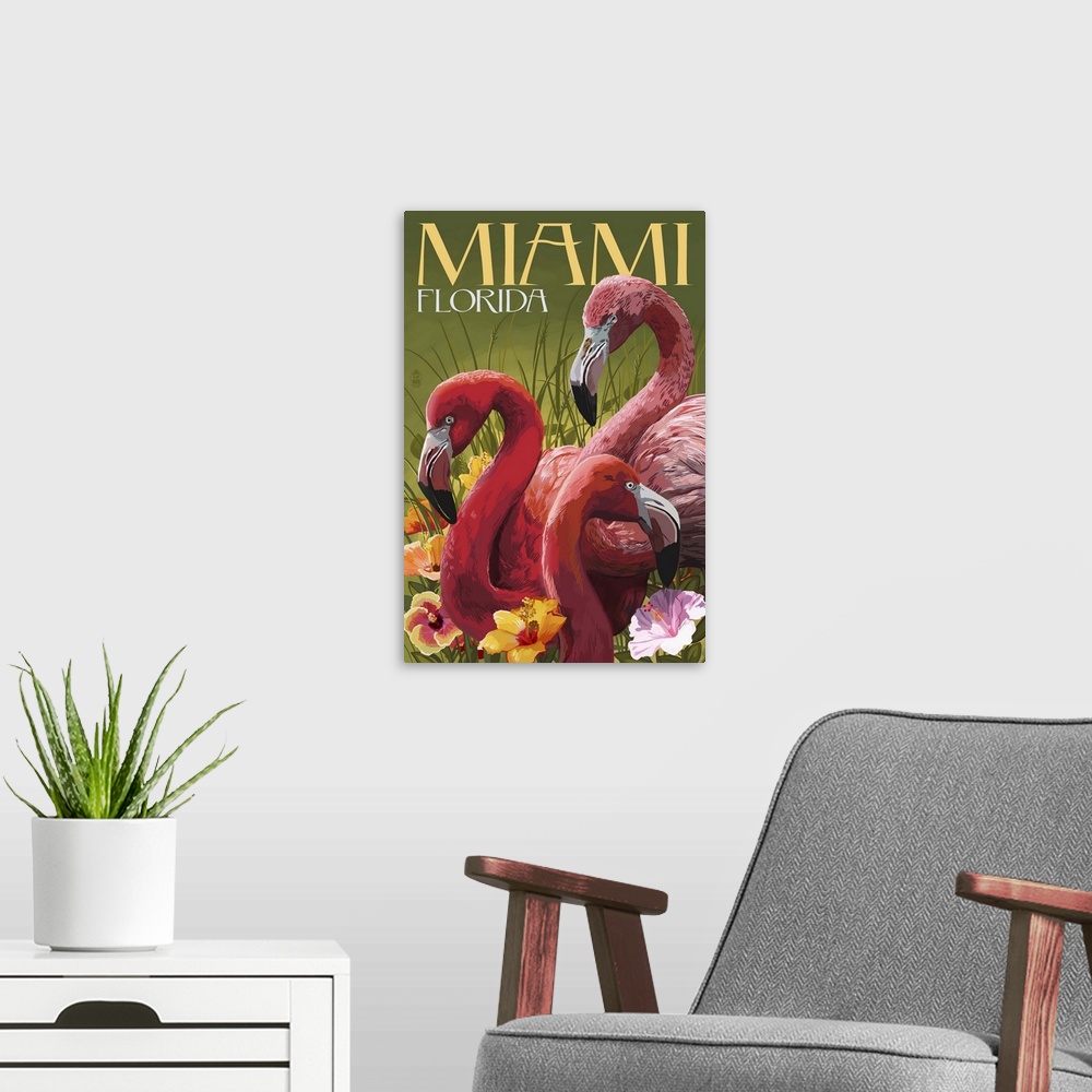 A modern room featuring Miami, Florida - Flamingos: Retro Travel Poster