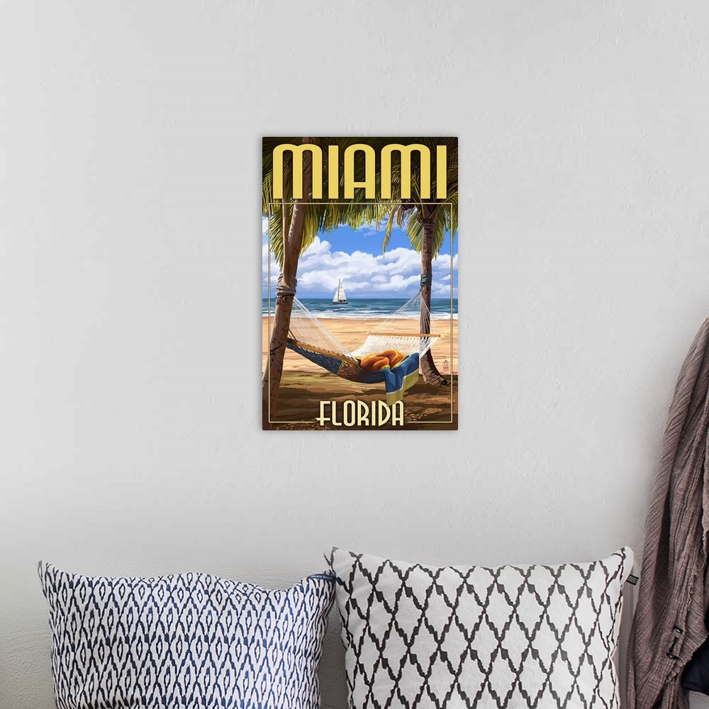 A bohemian room featuring Miami, Florida - Palms and Hammock: Retro Travel Poster