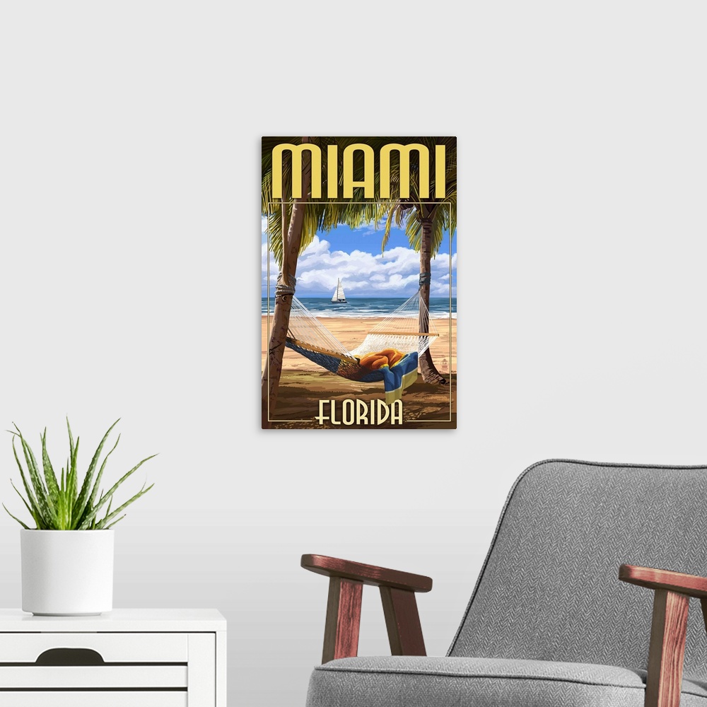 A modern room featuring Miami, Florida - Palms and Hammock: Retro Travel Poster