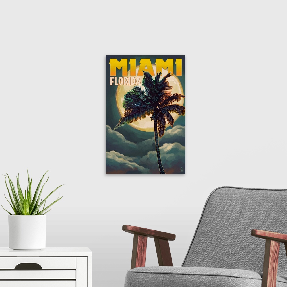 A modern room featuring Miami, Florida - Palms and Moon: Retro Travel Poster