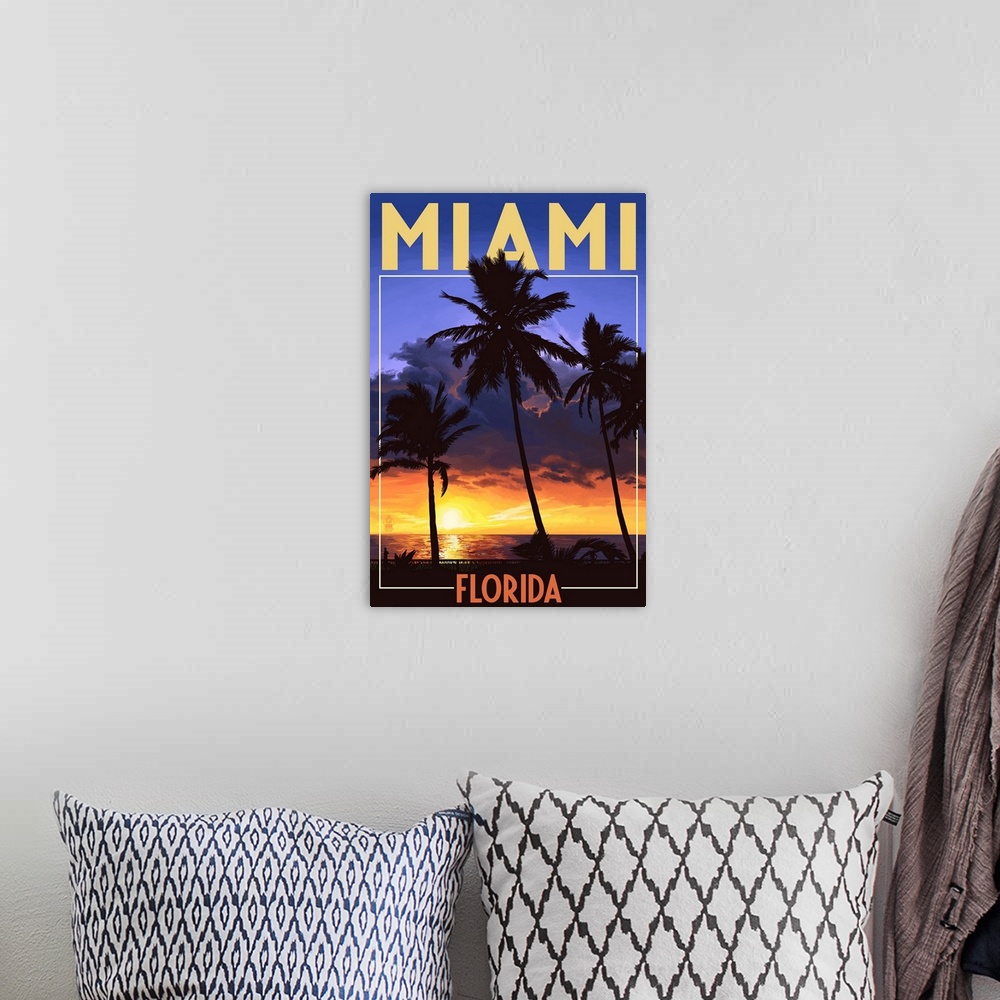 A bohemian room featuring Miami, Florida - Palms and Sunset: Retro Travel Poster