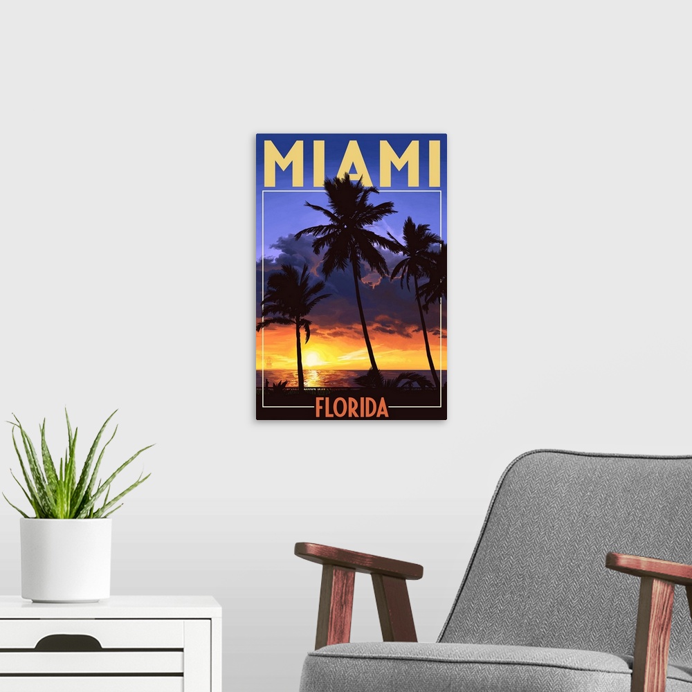 A modern room featuring Miami, Florida - Palms and Sunset: Retro Travel Poster