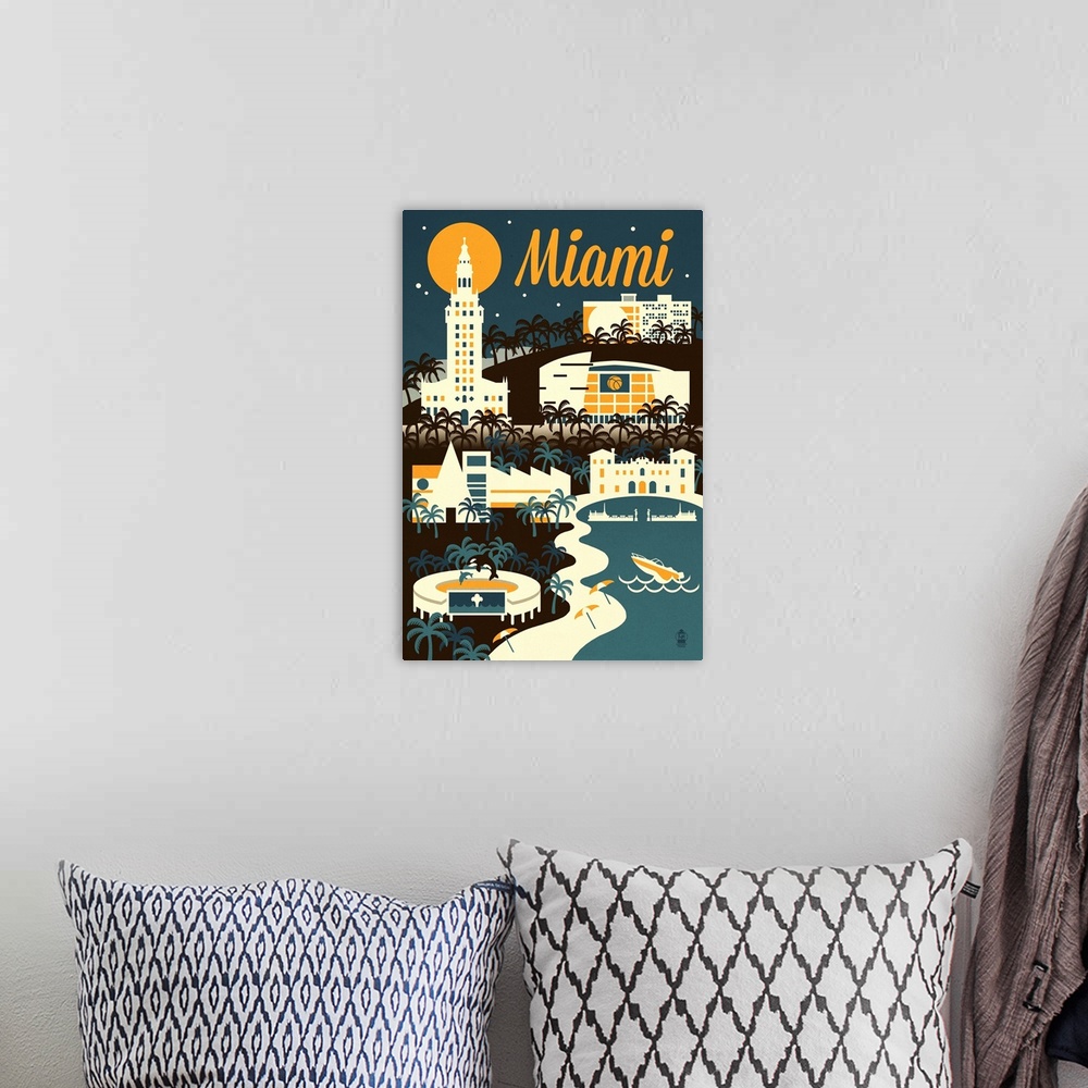 A bohemian room featuring Miami, Florida Retro Skyline