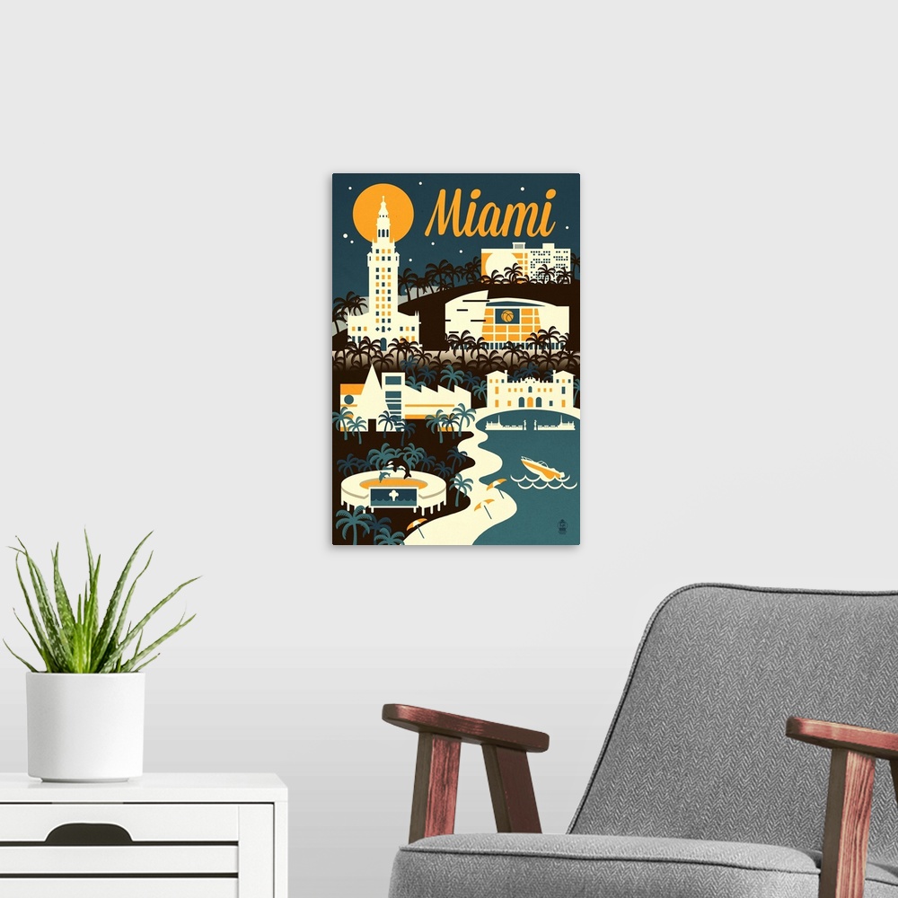 A modern room featuring Miami, Florida Retro Skyline