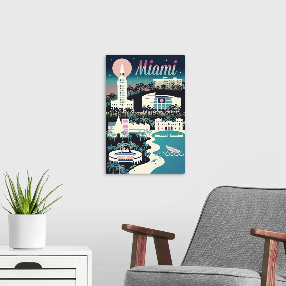 A modern room featuring Miami, Florida - Retro Skyline Chromatic Series