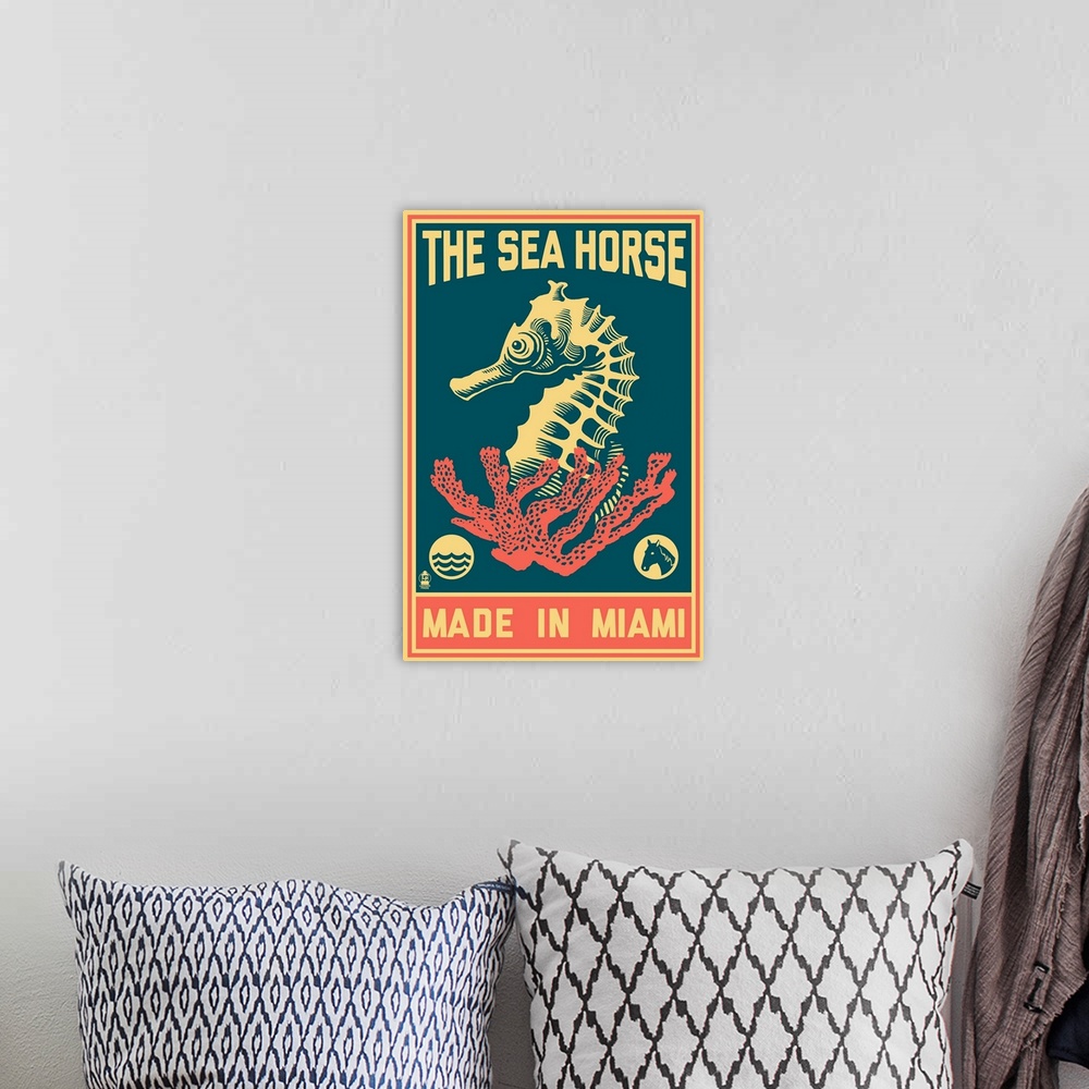 A bohemian room featuring Miami, Florida, Seahorse Woodblock (Blue and Pink)