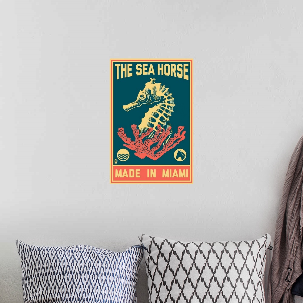 A bohemian room featuring Miami, Florida, Seahorse Woodblock (Blue and Pink)