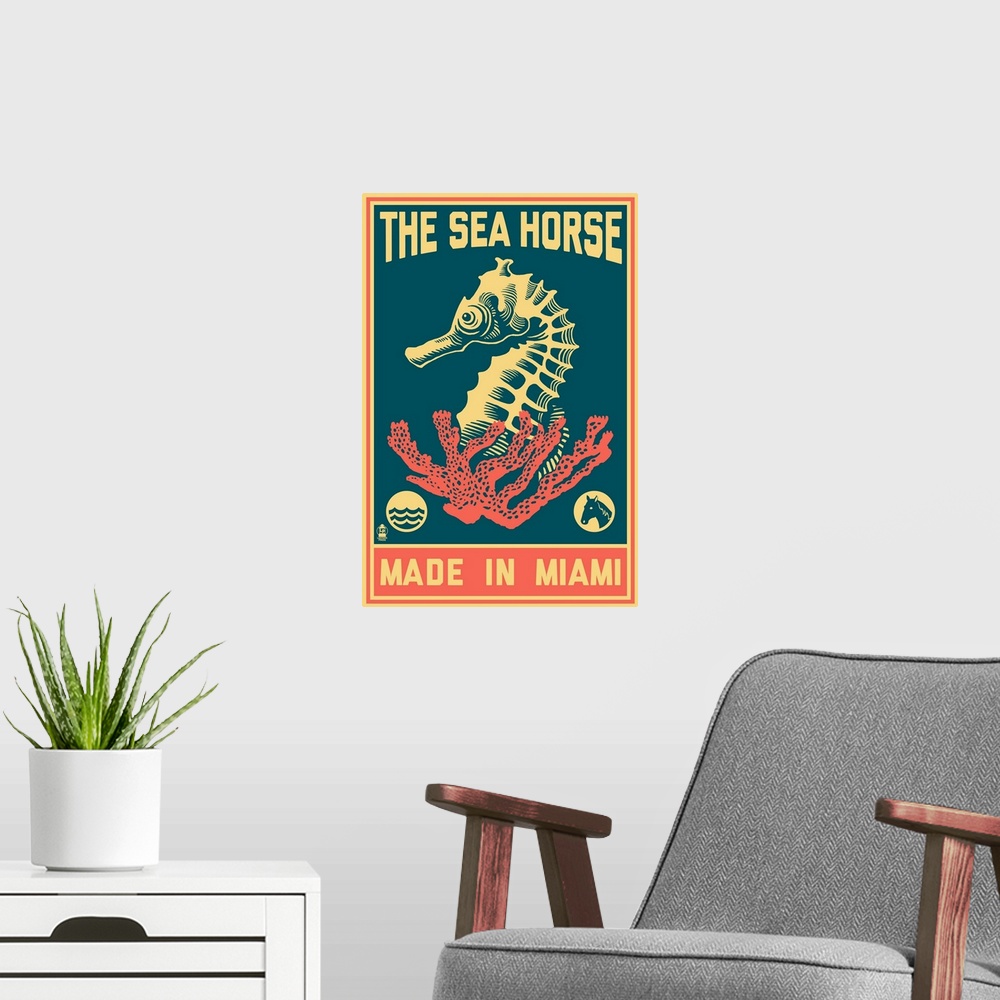 A modern room featuring Miami, Florida, Seahorse Woodblock (Blue and Pink)