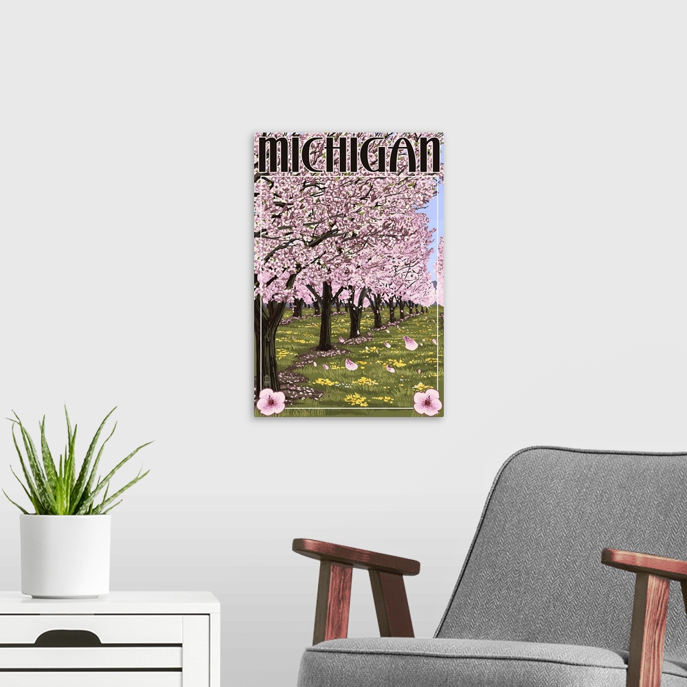 A modern room featuring Retro stylized art poster of a cherry blossom orchard in full bloom, with lush green grass.