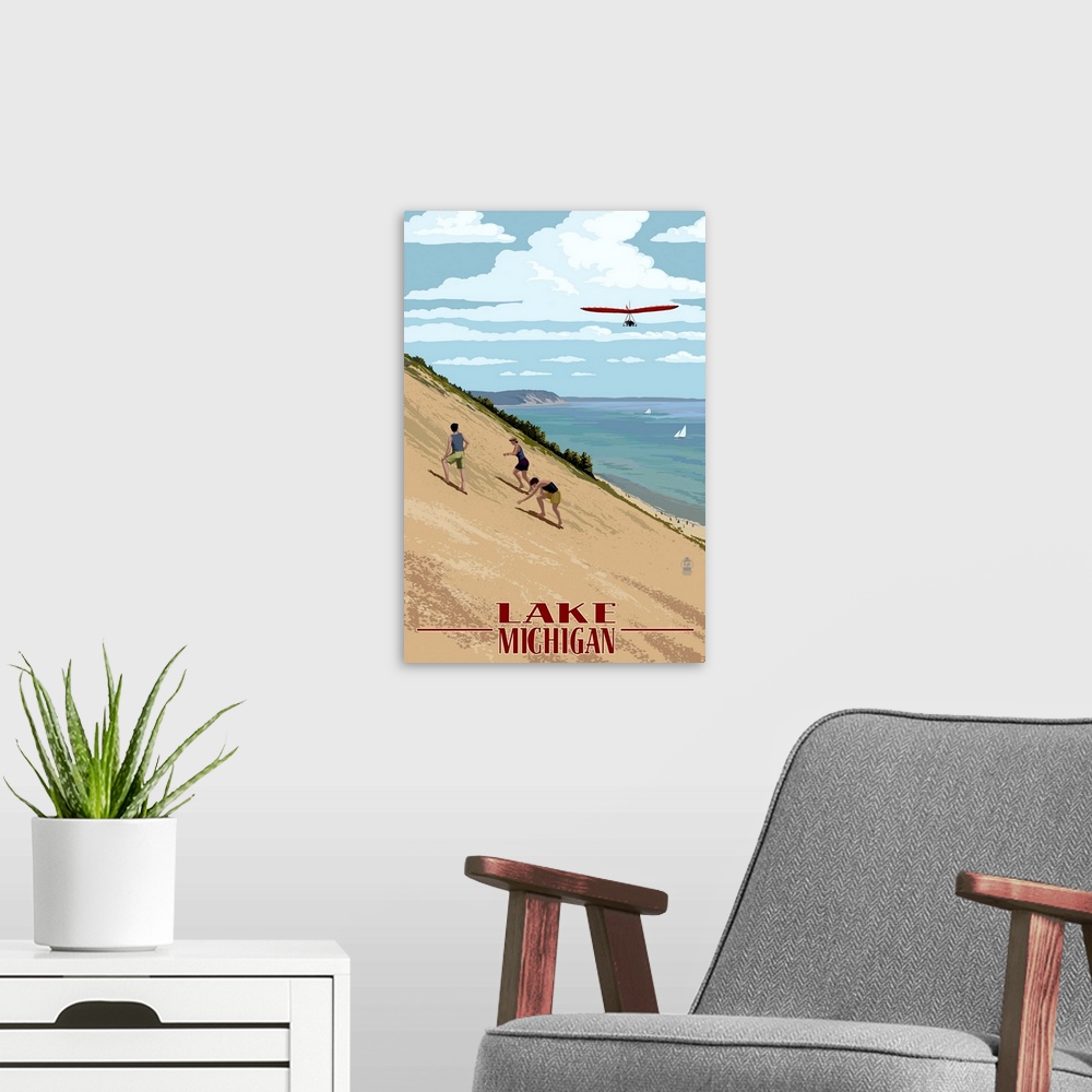 A modern room featuring Michigan - Dunes: Retro Travel Poster