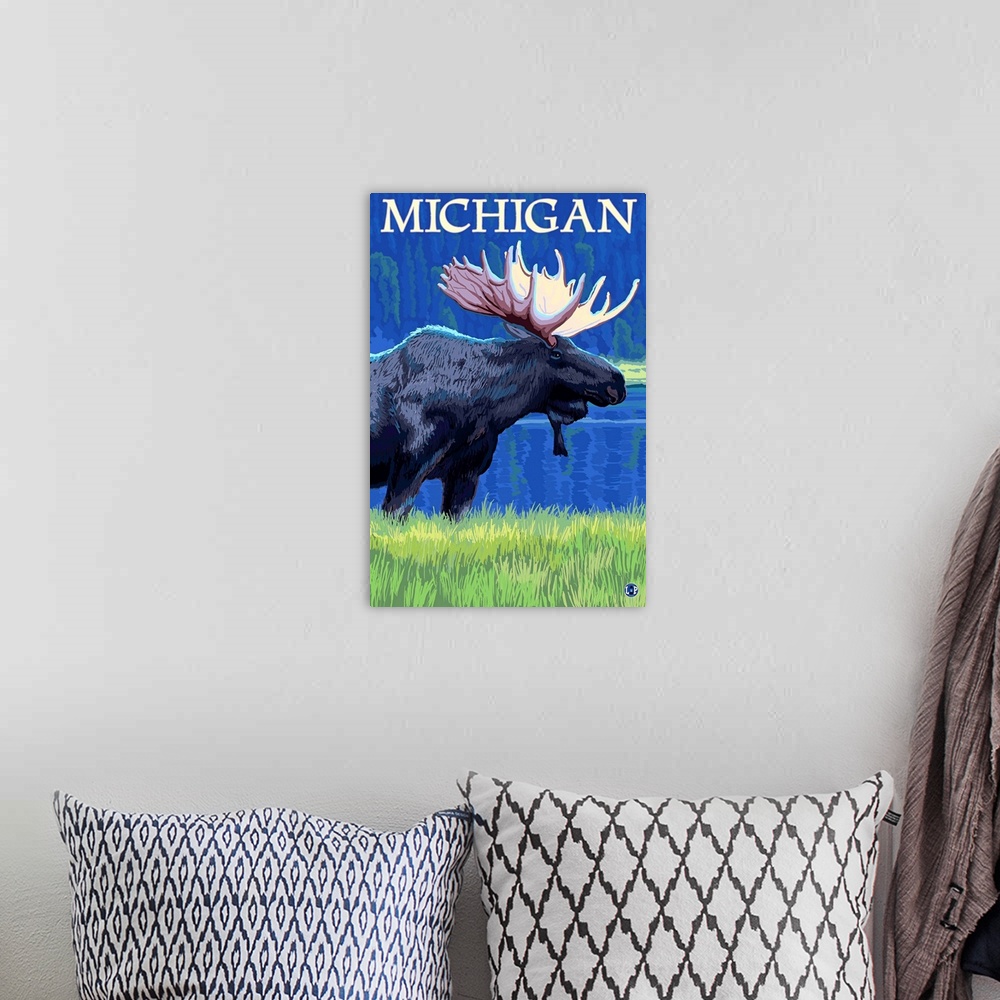 A bohemian room featuring Retro stylized art poster of a moose in the wilderness.