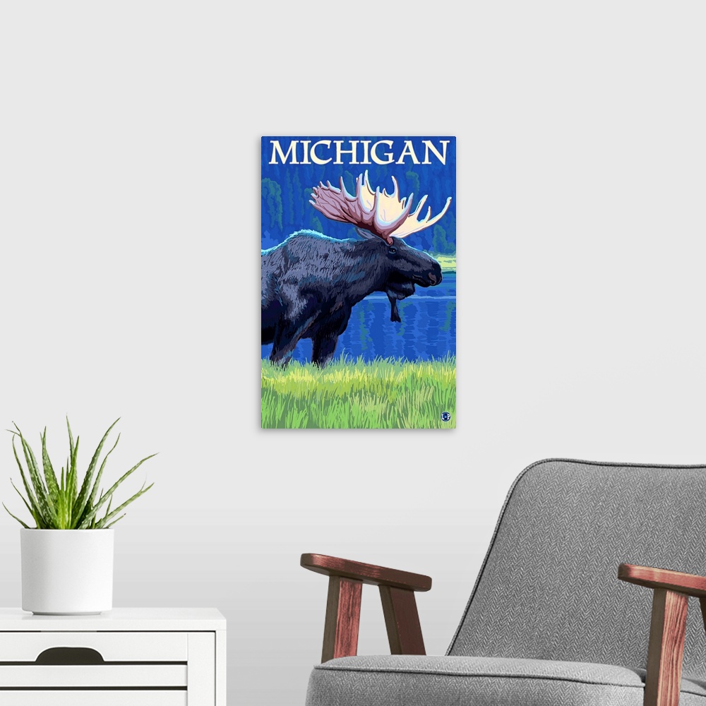 A modern room featuring Retro stylized art poster of a moose in the wilderness.