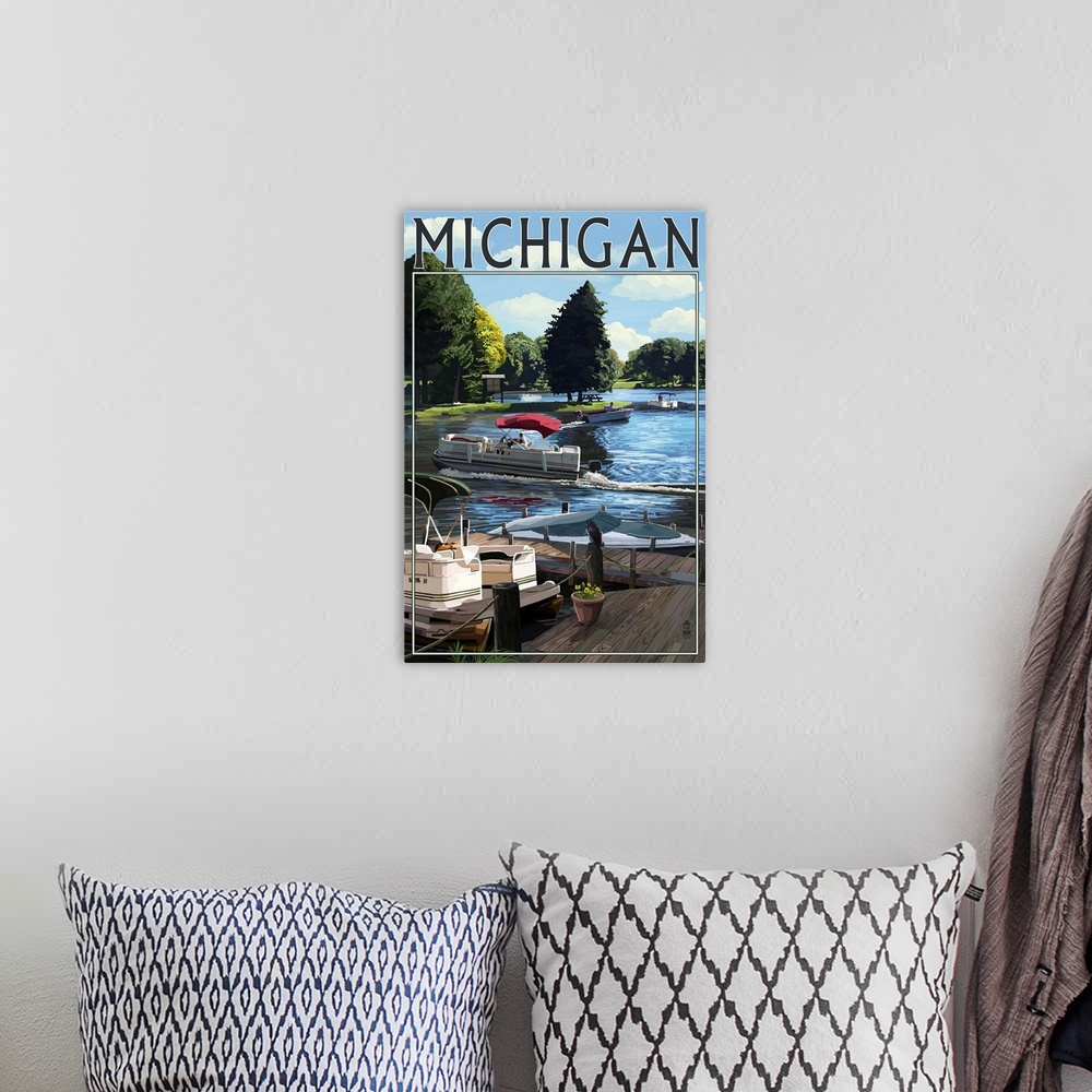 A bohemian room featuring Michigan - Pontoon Boats: Retro Travel Poster