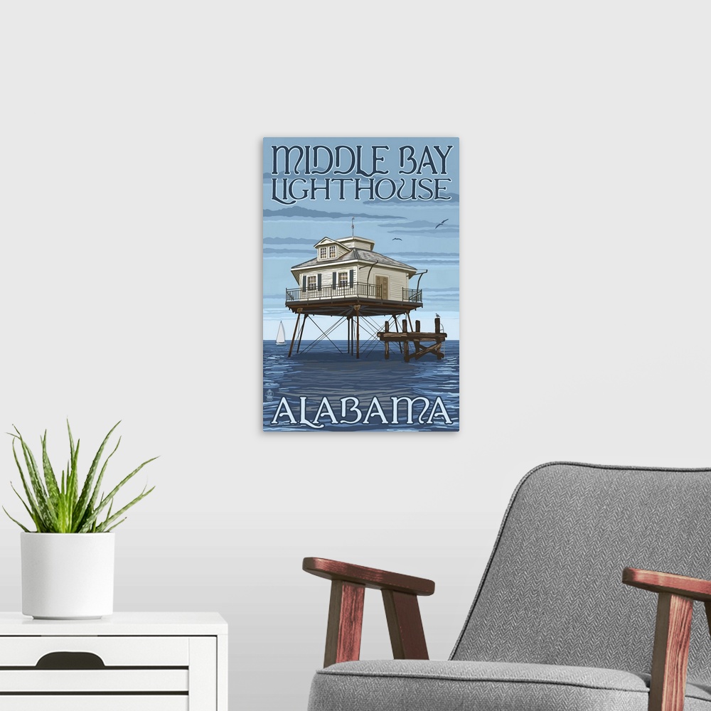 A modern room featuring Retro stylized art poster of lighthouse stilted over the ocean.