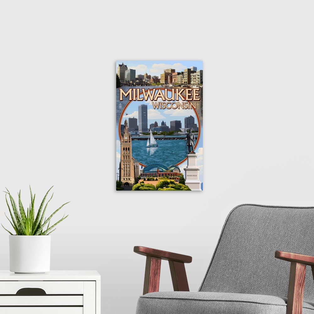 A modern room featuring Milwaukee, Wisconsin - Montage Scenes: Retro Travel Poster