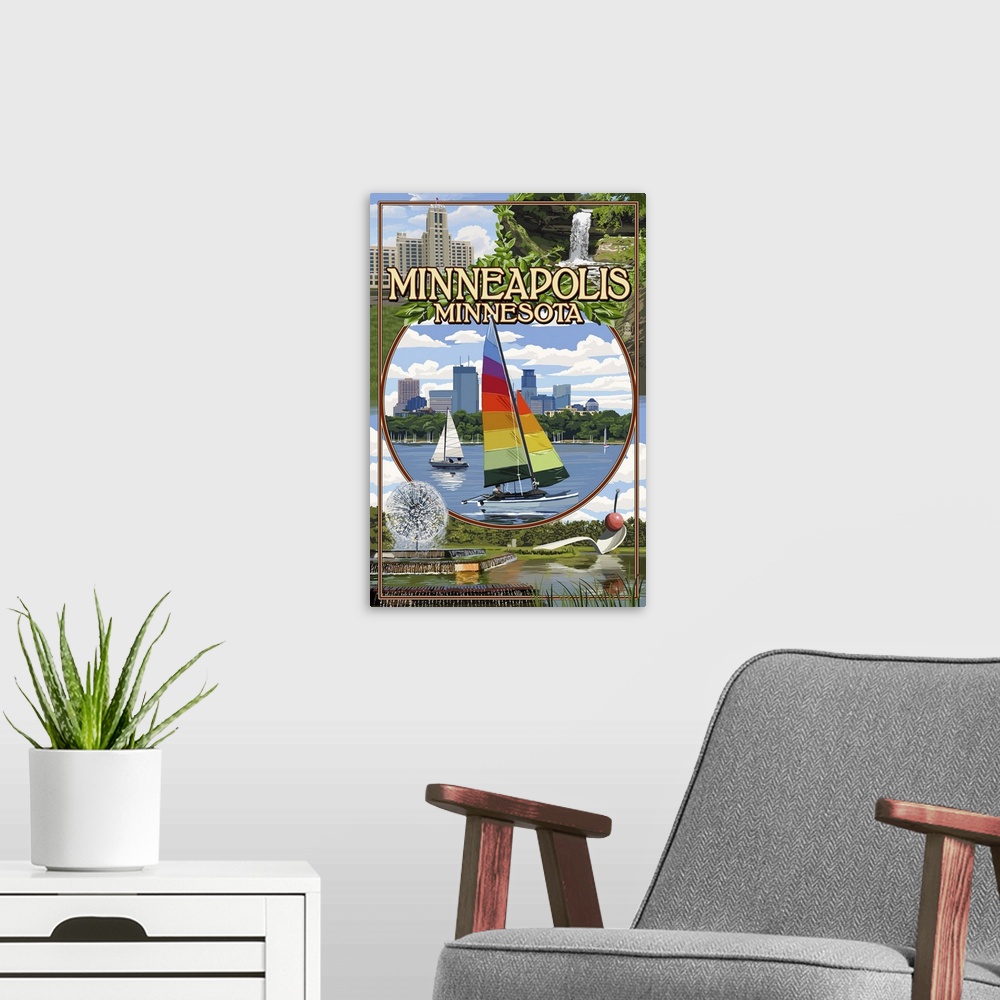 A modern room featuring Minneapolis, Minnesota - City Scenes: Retro Travel Poster