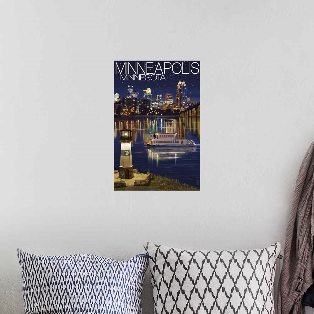 A bohemian room featuring Minneapolis, Minnesota - Skyline at Night: Retro Travel Poster
