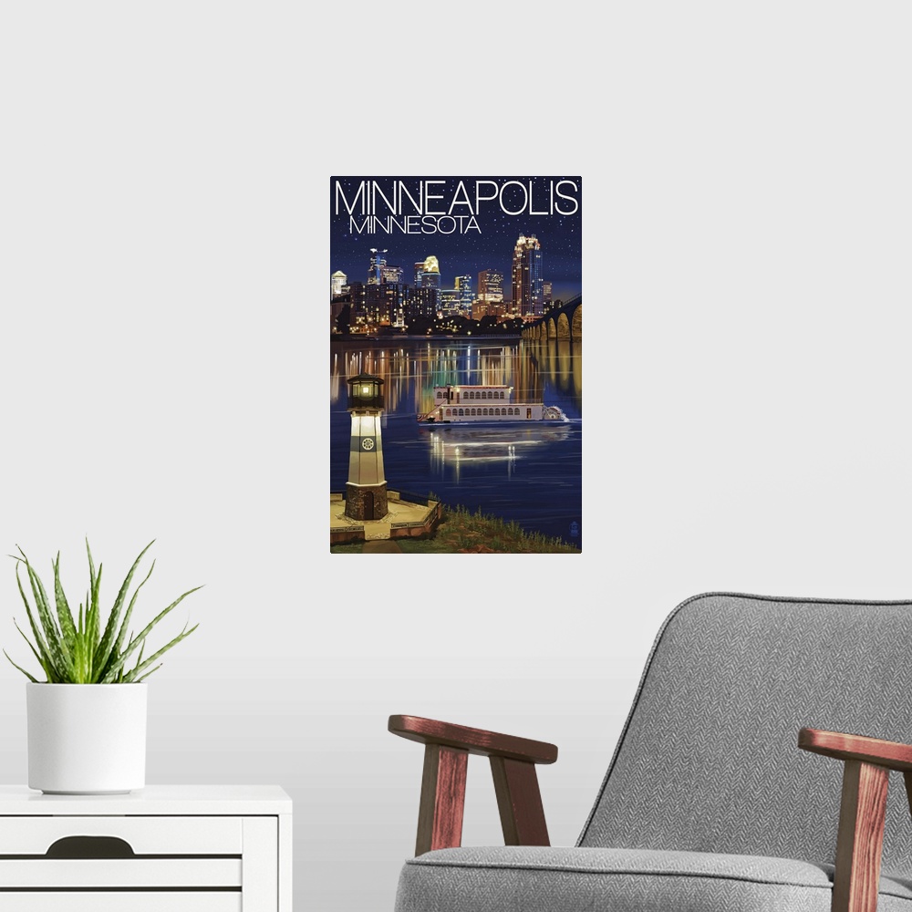 A modern room featuring Minneapolis, Minnesota - Skyline at Night: Retro Travel Poster