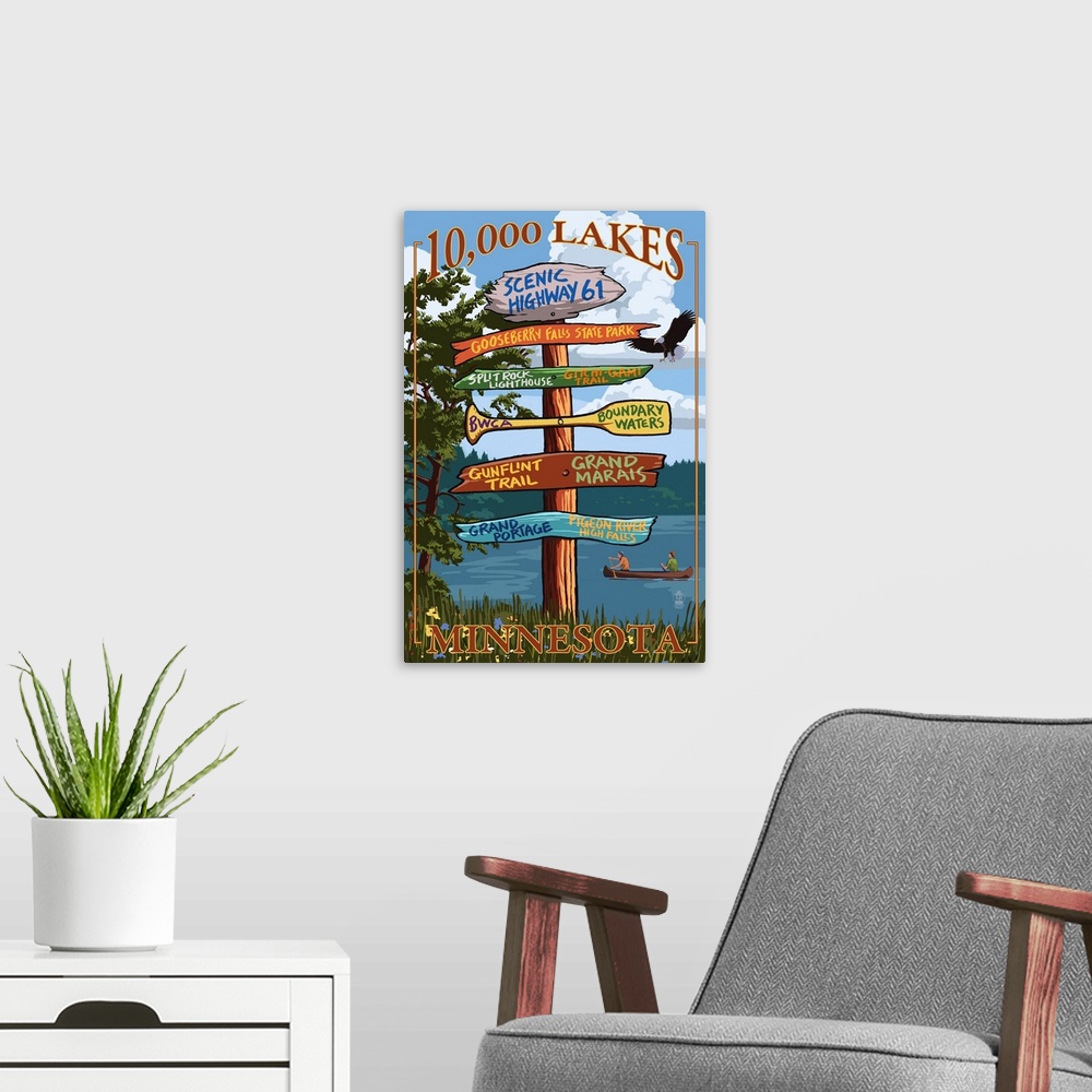 A modern room featuring Minnesota - 10,000 Lakes - Destinations Sign
