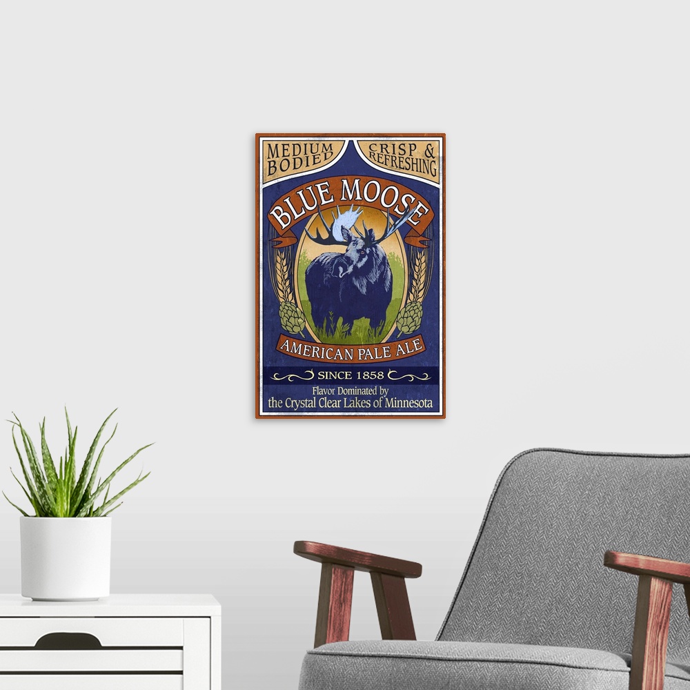 A modern room featuring Retro stylized art poster of a vintage sign using a moose to advertise ale.