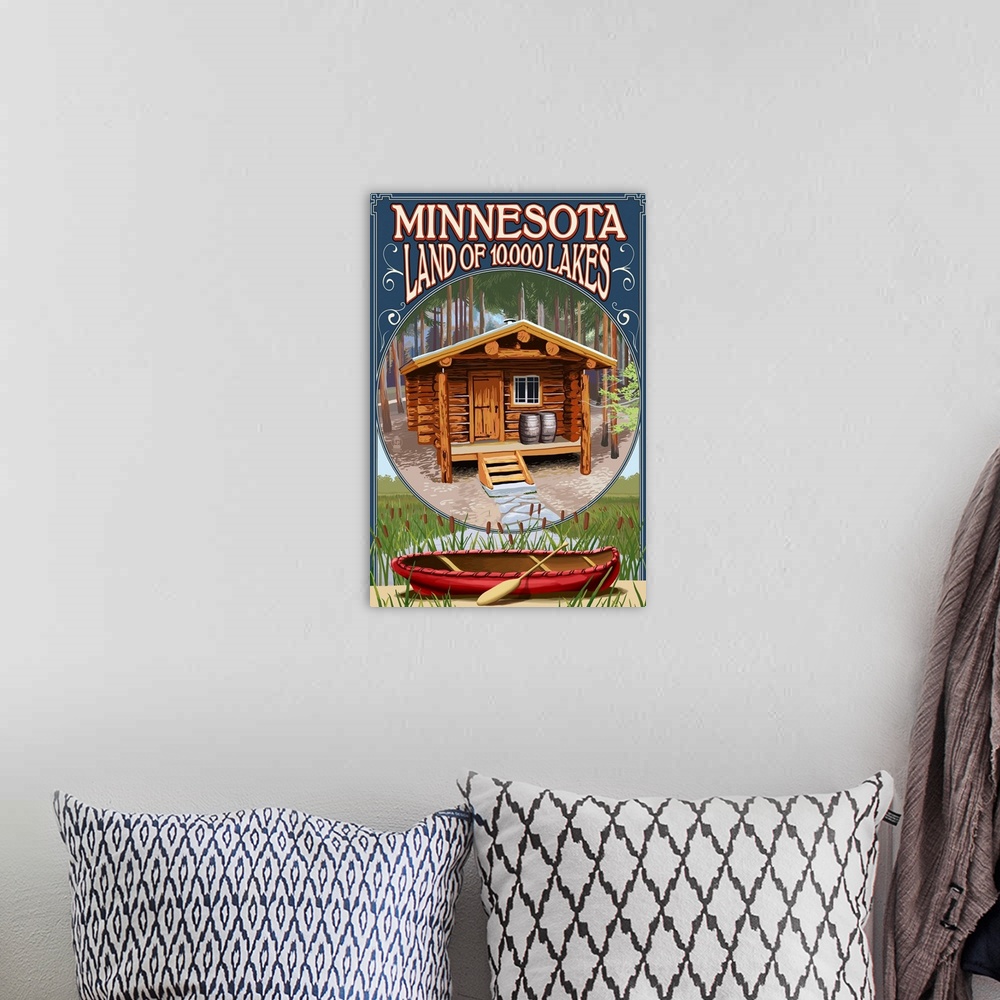 A bohemian room featuring Minnesota - Cabin and Lake: Retro Travel Poster