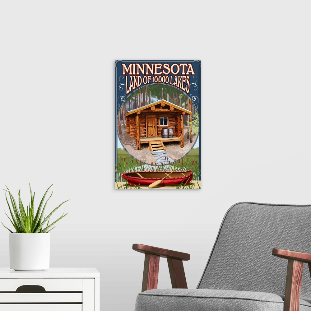 A modern room featuring Minnesota - Cabin and Lake: Retro Travel Poster