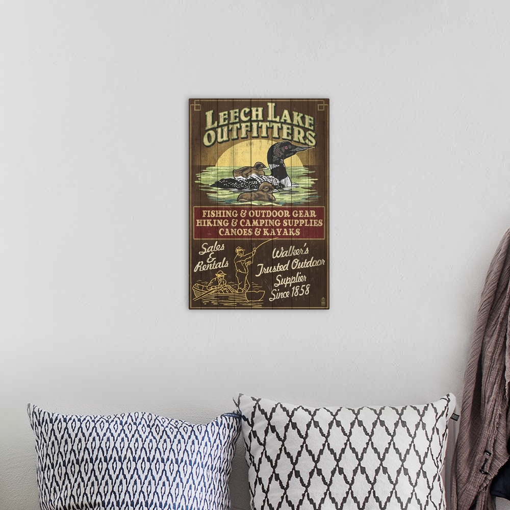 A bohemian room featuring Minnesota - Leech Lake Outfitters Loon Vintage Sign: Retro Travel Poster
