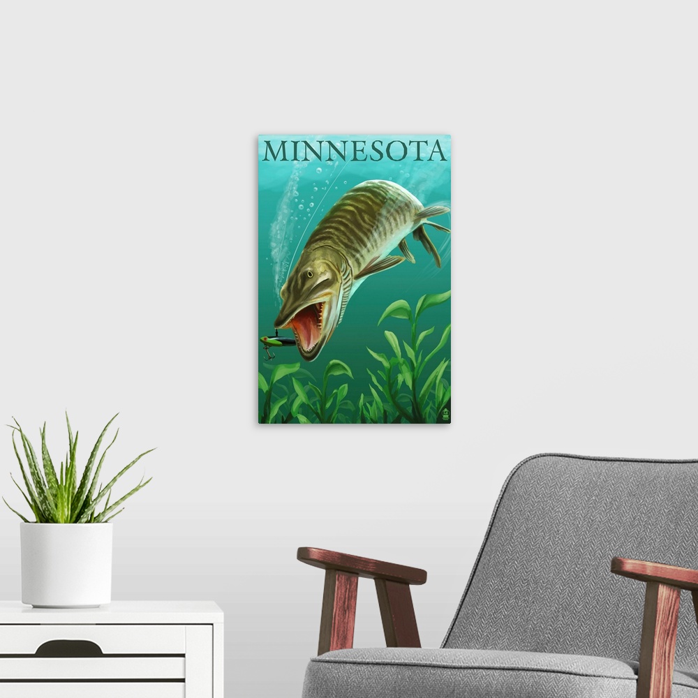 A modern room featuring Minnesota - Muskie Scene: Retro Travel Poster