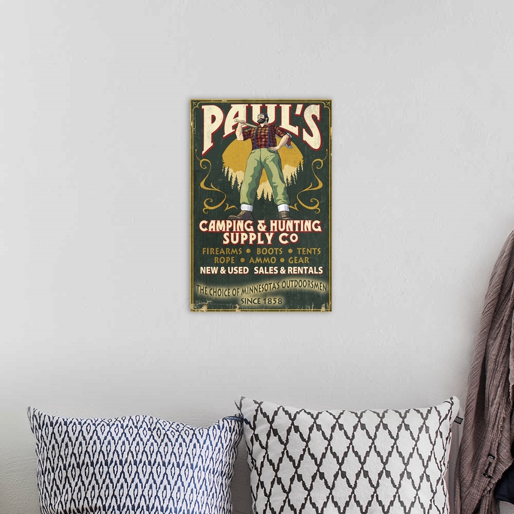 A bohemian room featuring Minnesota - Paul Bunyan Camping Supply Vintage Sign: Retro Travel Poster