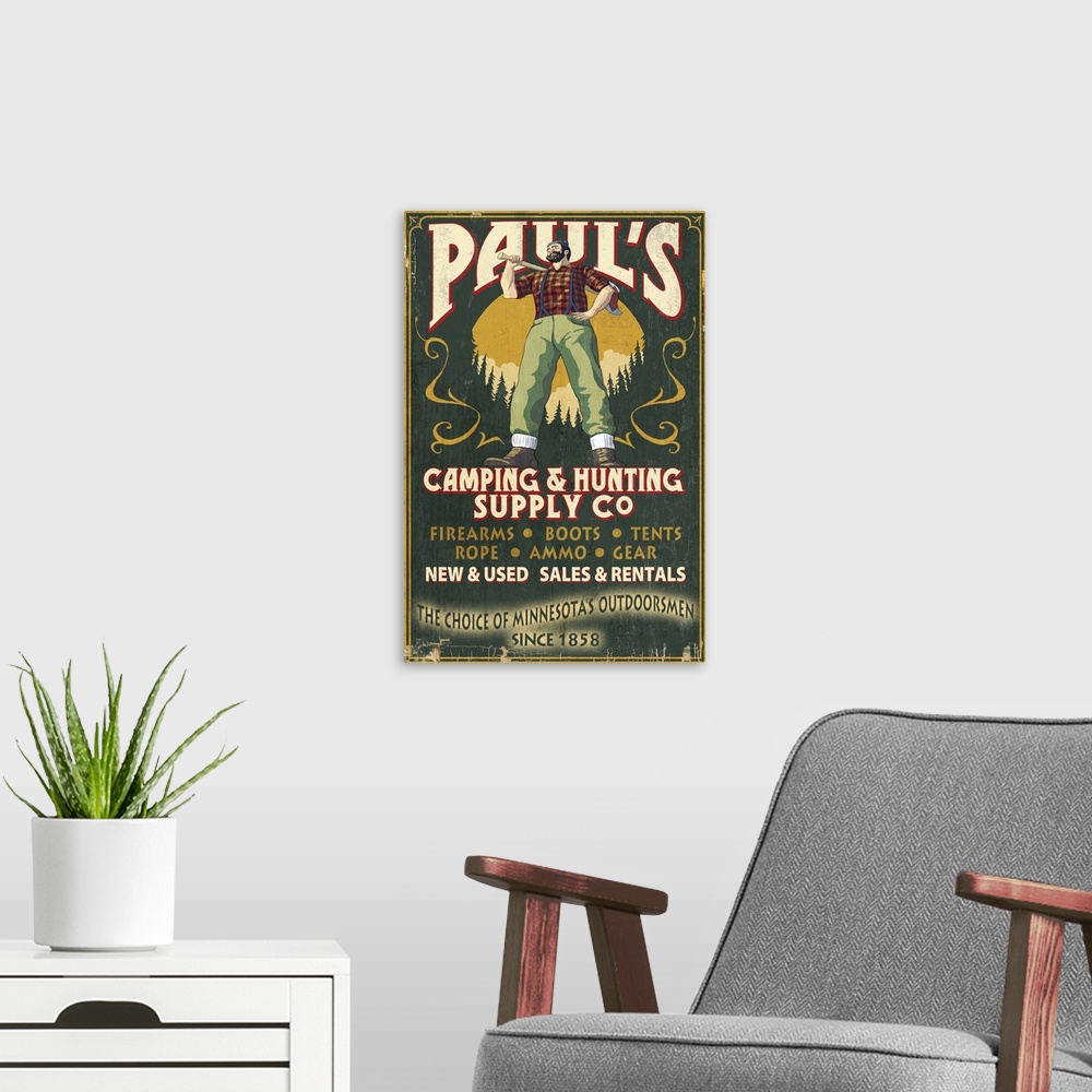 A modern room featuring Minnesota - Paul Bunyan Camping Supply Vintage Sign: Retro Travel Poster