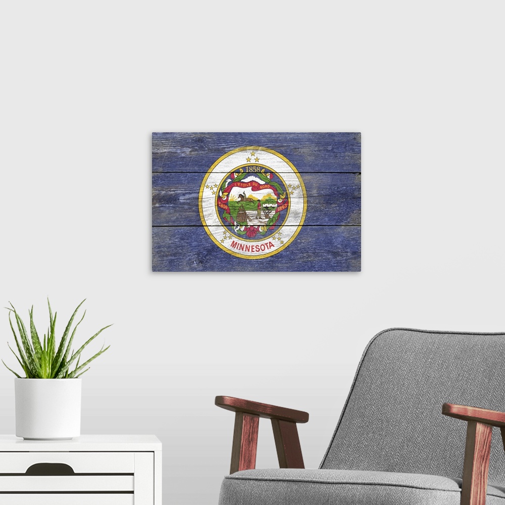 A modern room featuring The flag of Minnesota with a weathered wooden board effect.