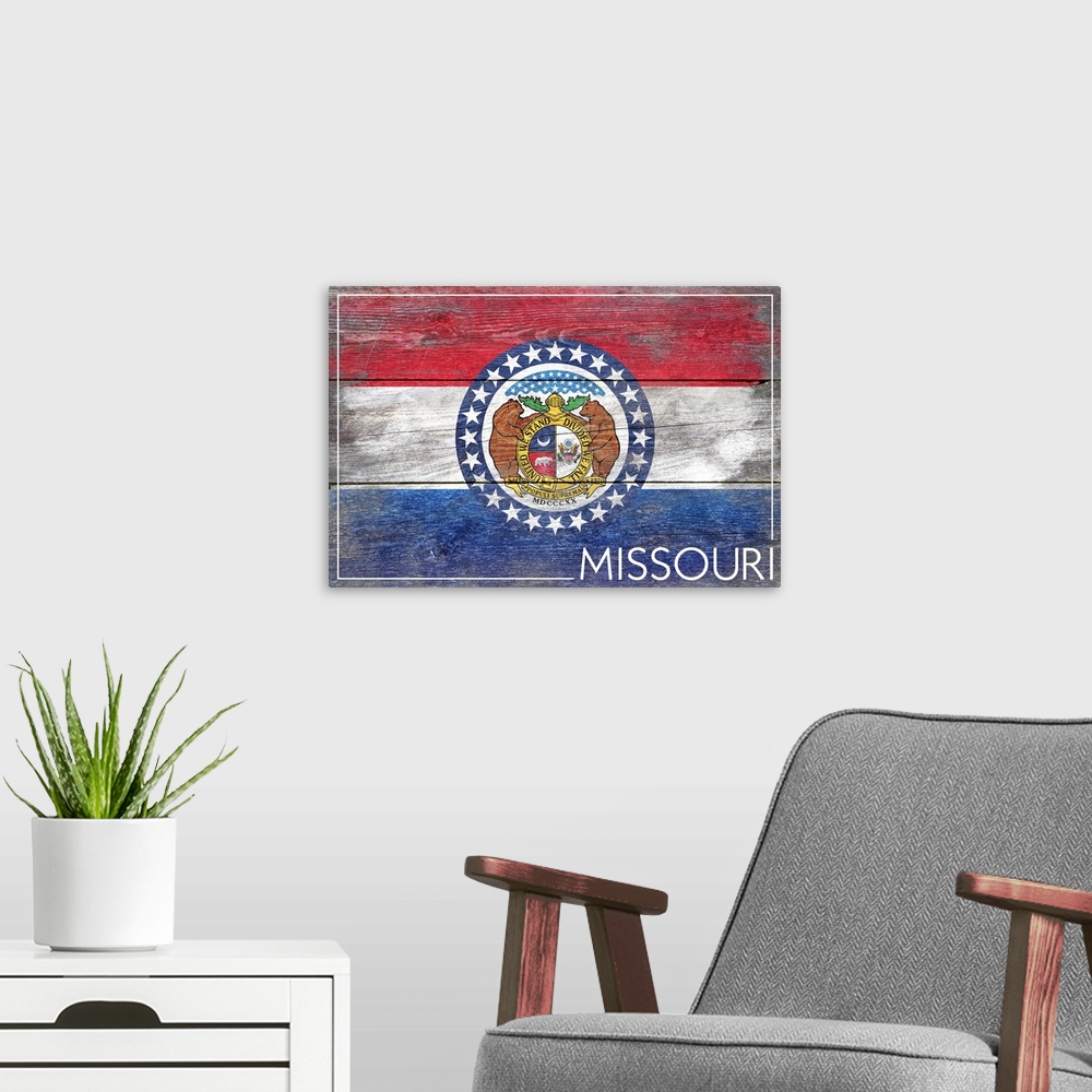 A modern room featuring The flag of Missouri with a weathered wooden board effect.