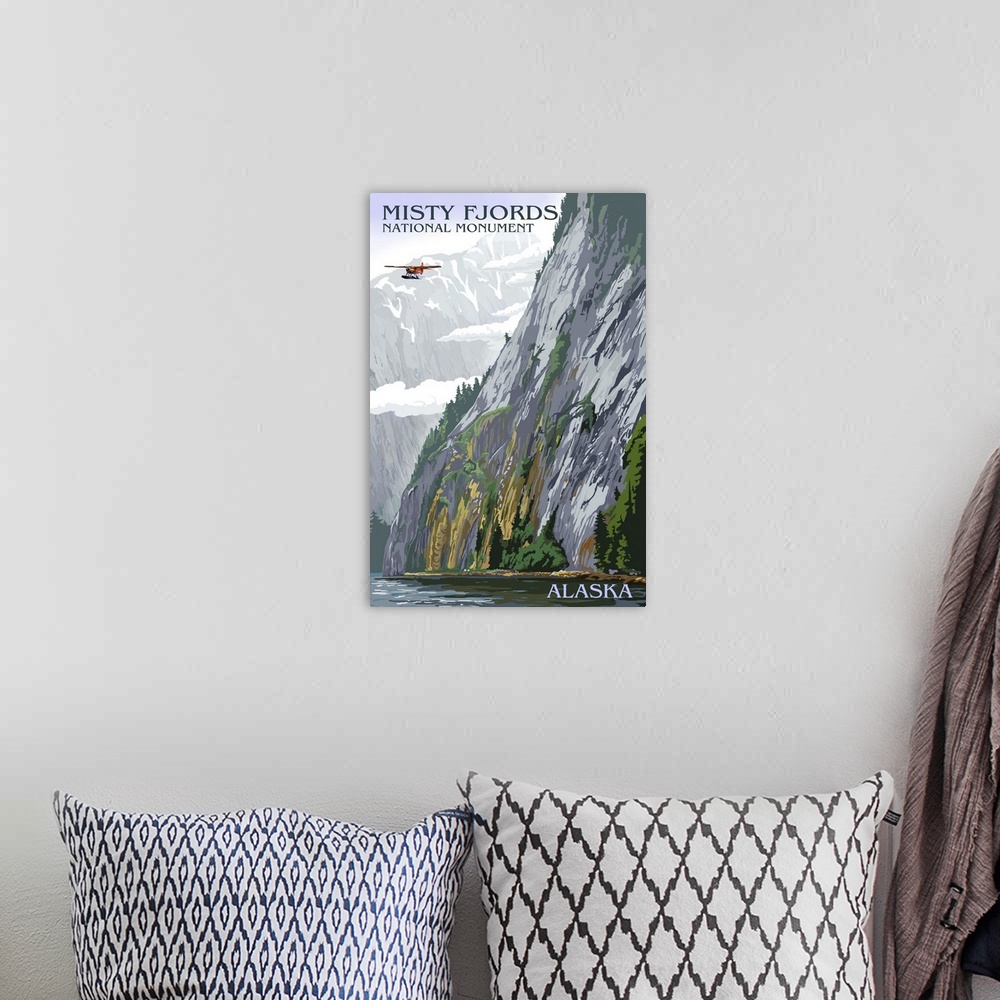 A bohemian room featuring Misty Fjords and Float Plane - Ketchikan, Alaska: Retro Travel Poster