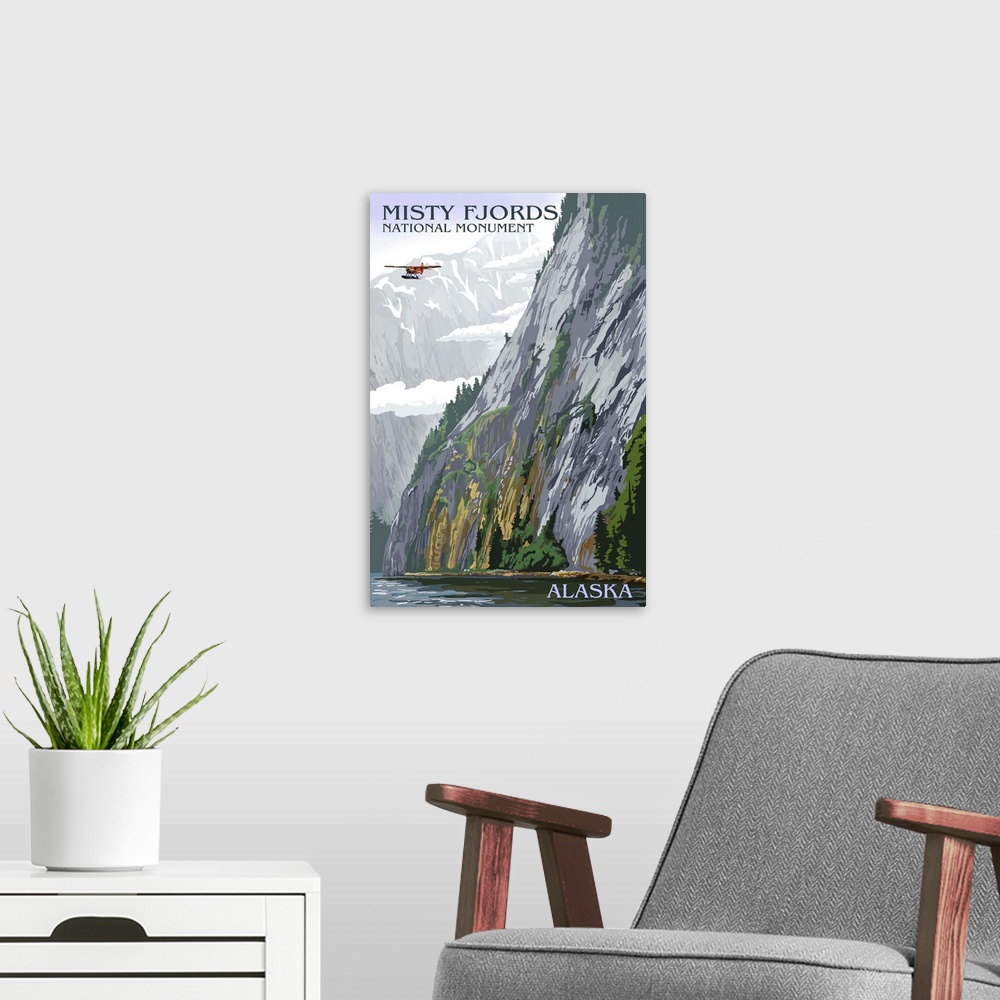 A modern room featuring Misty Fjords and Float Plane - Ketchikan, Alaska: Retro Travel Poster