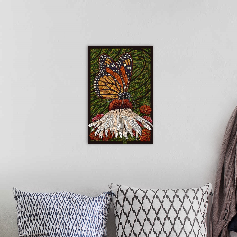 A bohemian room featuring Monarch Butterfly, Paper Mosaic, Green Background