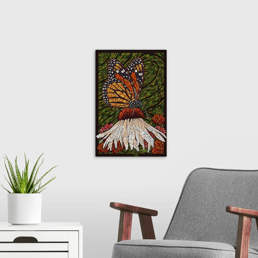 A modern room featuring Monarch Butterfly, Paper Mosaic, Green Background