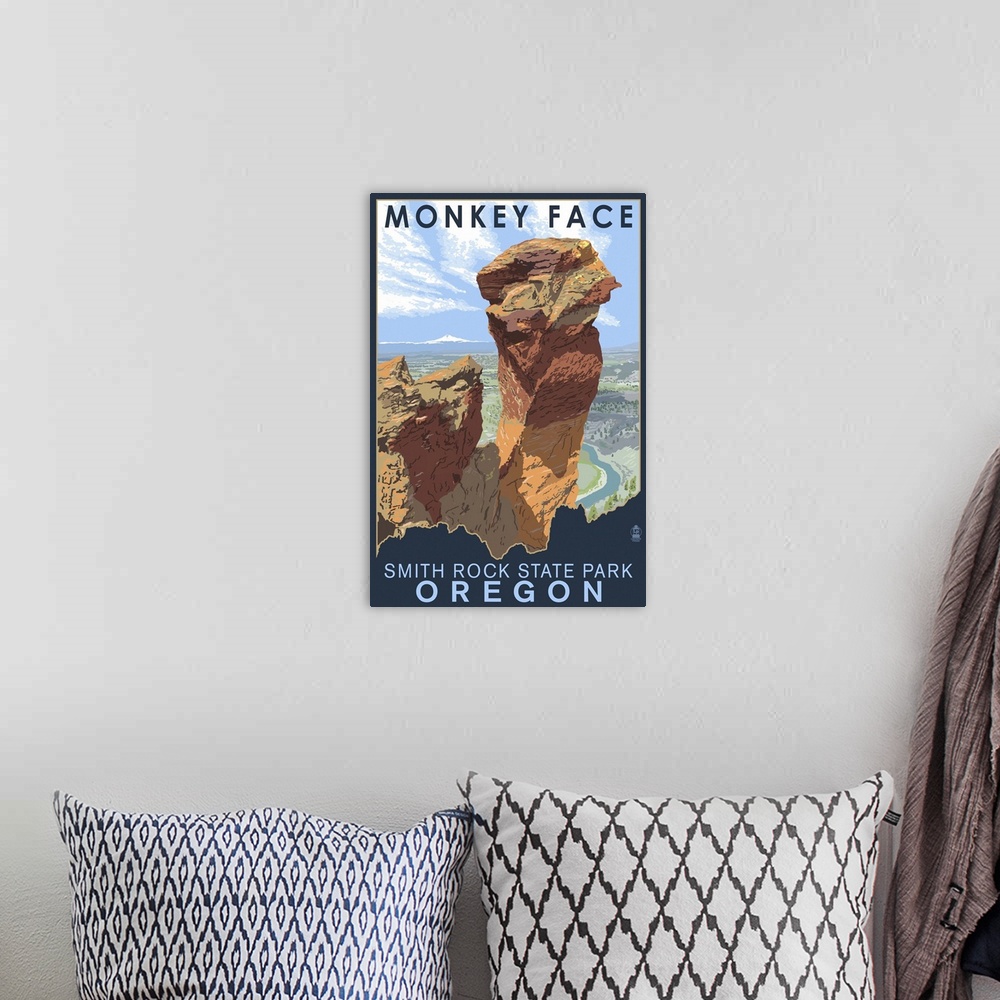 A bohemian room featuring Monkey Face - Smith Rock State Park, Oregon: Retro Travel Poster