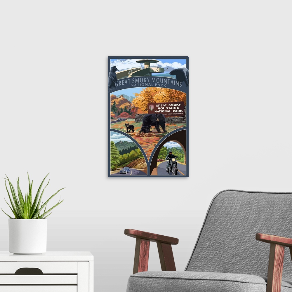 A modern room featuring Montage - Great Smoky Mountains National Park, TN: Retro Travel Poster