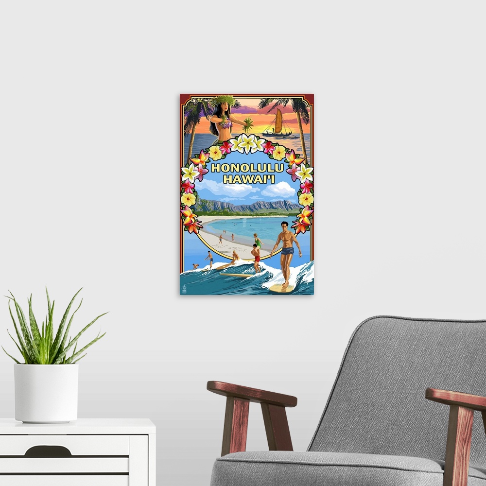 A modern room featuring Montage - Honolulu, Hawaii: Retro Travel Poster