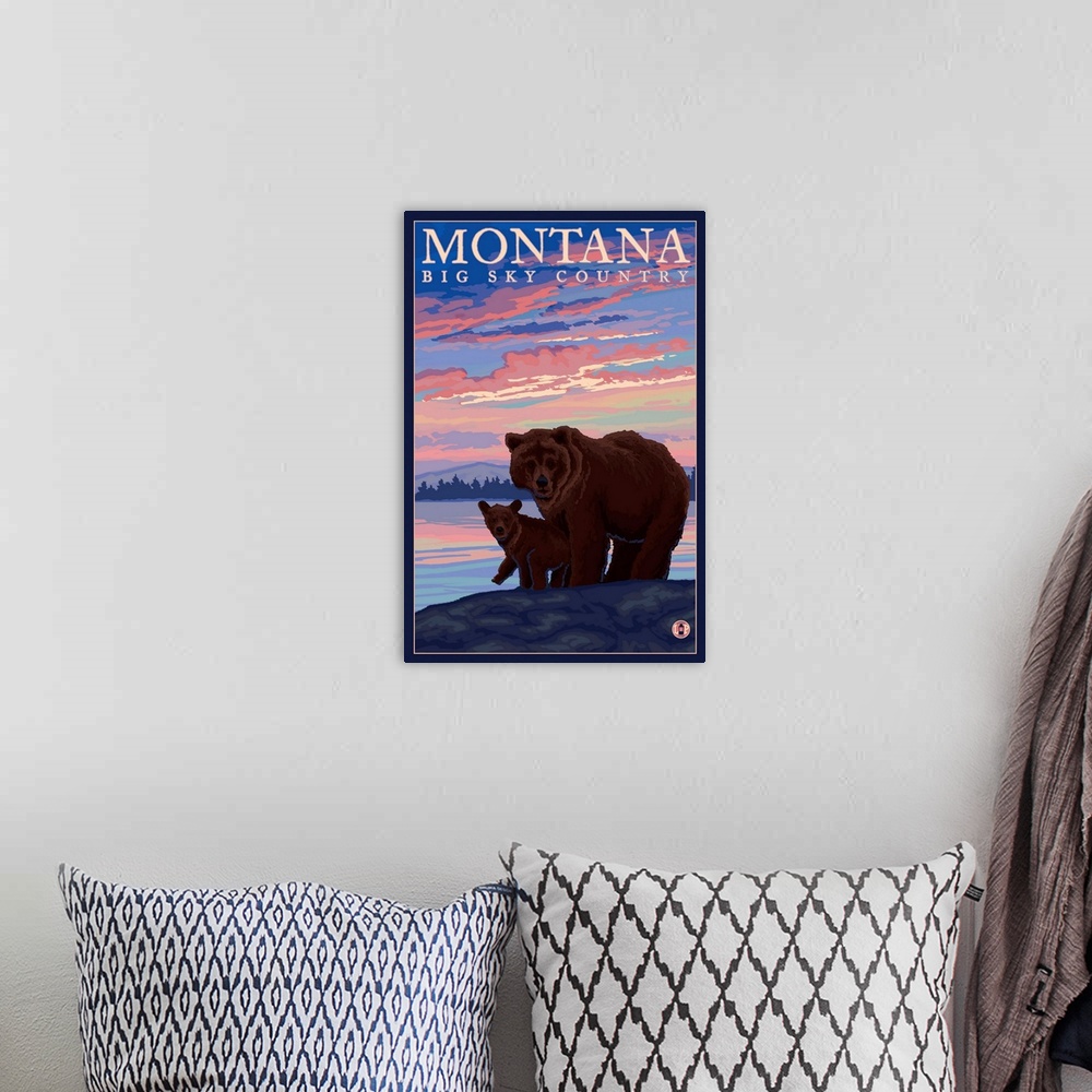 A bohemian room featuring Montana - Bear and Cub: Retro Travel Poster