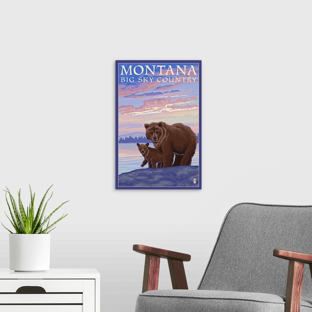 A modern room featuring Montana - Big Sky Country - Bear and Cub: Retro Travel Poster