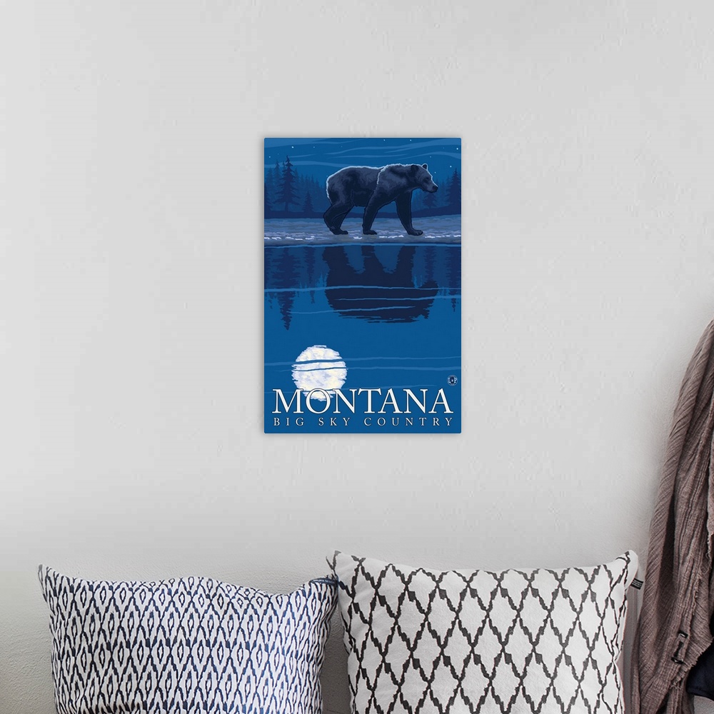 A bohemian room featuring Montana, Big Sky Country - Bear in Moonlight: Retro Travel Poster